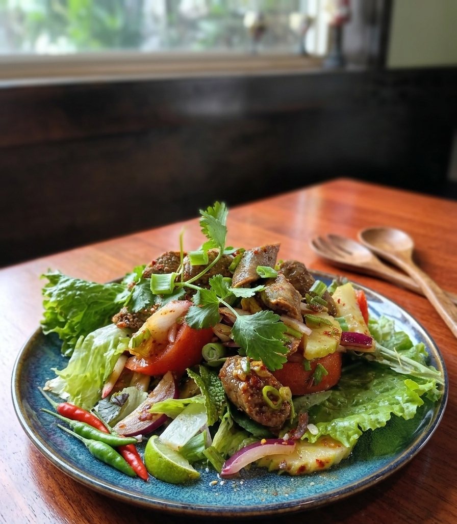 Halal spicy beef and lamb sausage salad with lime dressing at Hanuman Thai Cafe Kirkland